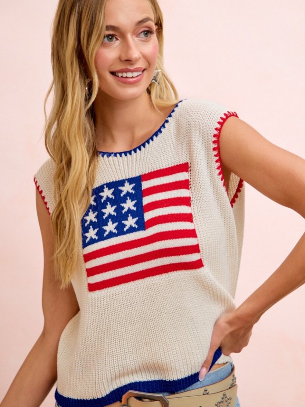 4TH OF JULY THEME SLEEVELESS KNIT TOP WITH BLANKET STITCH  55%ACRYLIC 45%COTTON